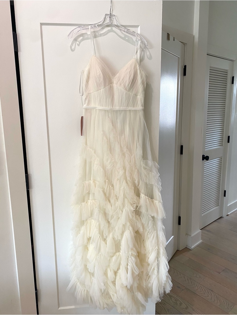 Marchesa Greer (Ivory) Pleated Tulle Dress with Delicate Straps